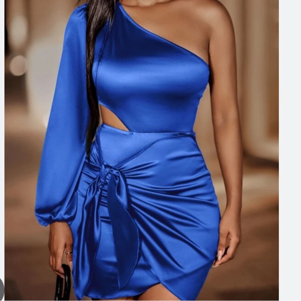 New Sexy Blue Satin Cut Out Mini Freakum Dress, Size Small